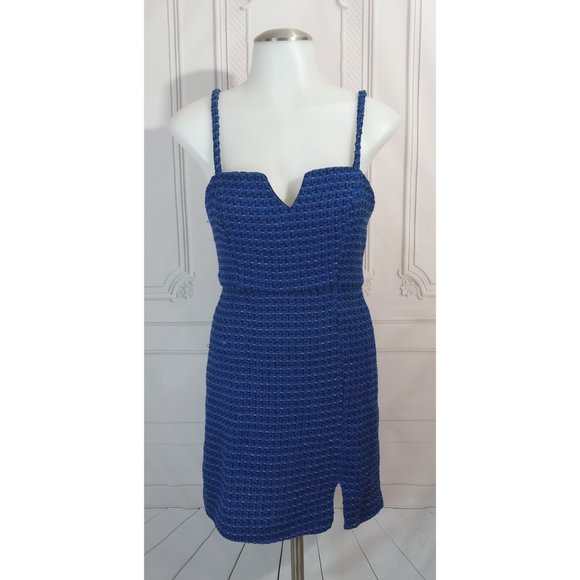 NWT Zara Textured Tweed Weave Blue Tank Mini Dress Spaghetti Straps Sz XS - Picture 2 of 7